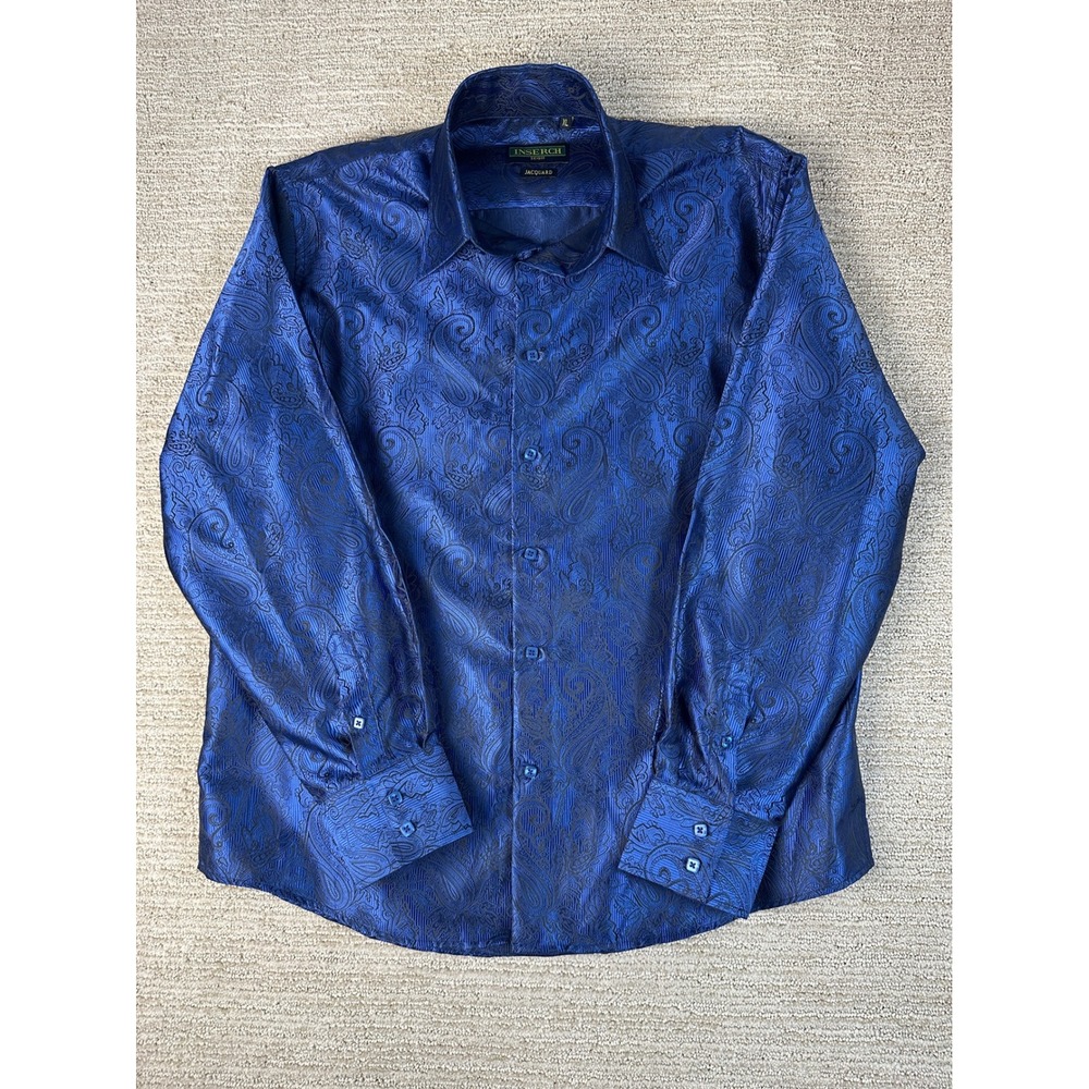 Inserch Icon Mens Blue Paisley Jacquard Button Down Shirt XL Long Sleeve Formal